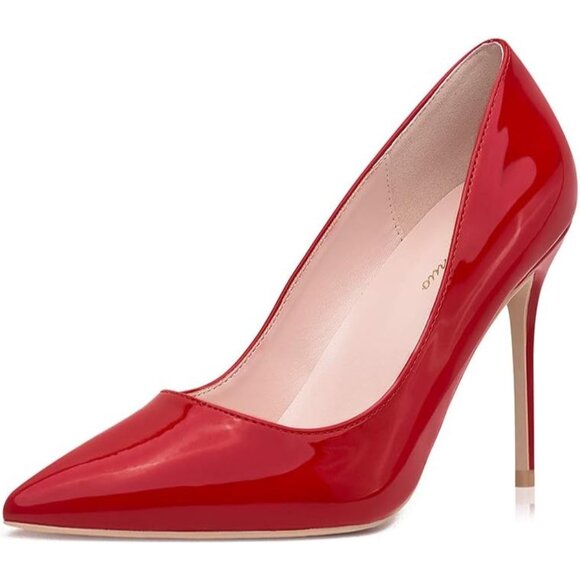 Women Red Polyurethane Closed Pointed Toe Stiletto High Heel Shoes Pumps - Picture 1 of 8
